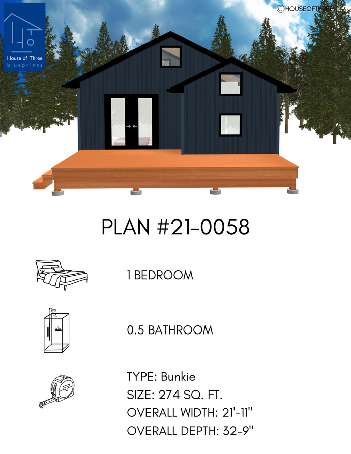 Plan #21-0058 | Bunkie, Guest Accommodation, 1 bedroom, 0.5 bathroom