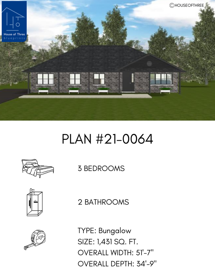 Plan #21-0064 | Bungalow, Slab on Grade, 3 bedroom, 2 bathroom