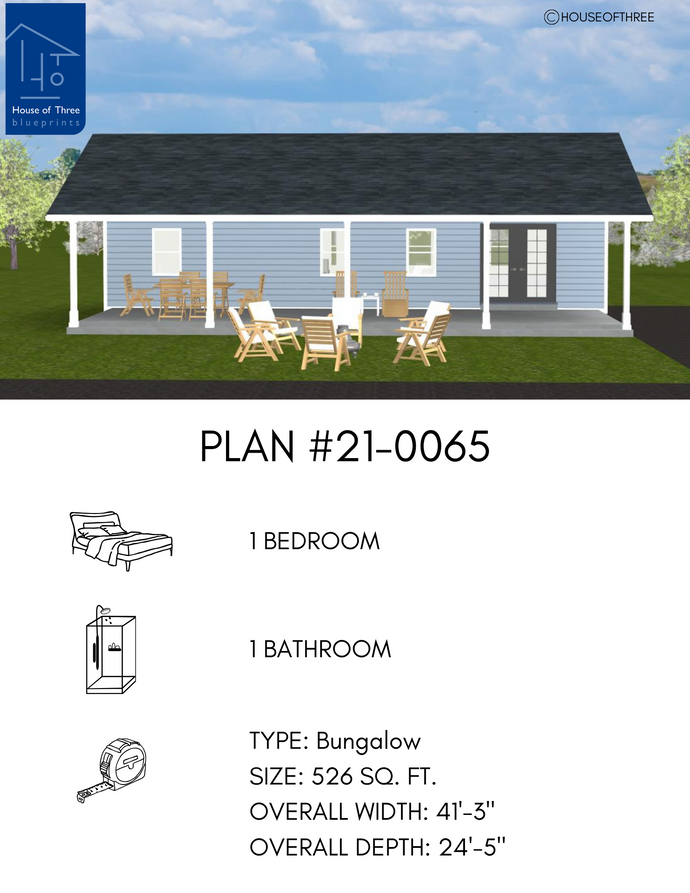 Plan #21-0065 | Cottage, Vacation Home, 1 bedroom, 1 bathroom