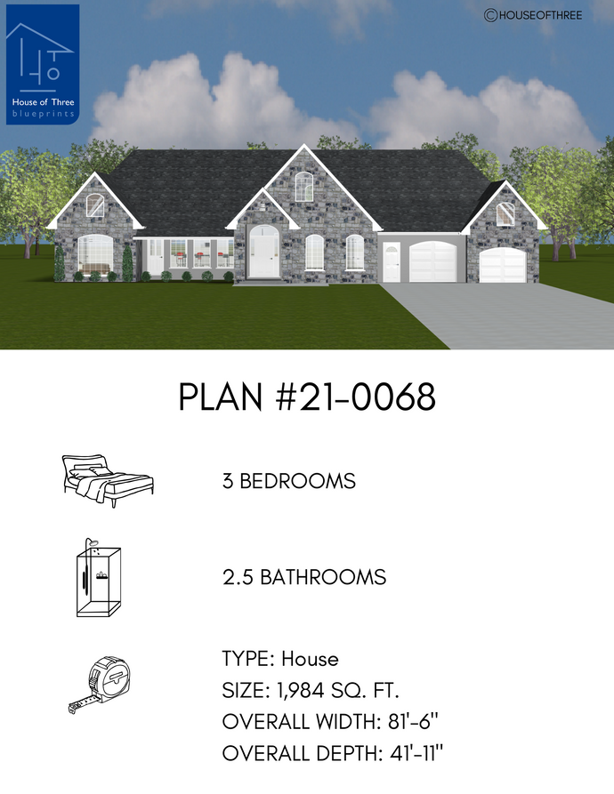 Plan #21-0068 | House, 3 bedroom, 2.5 bathroom, Family Home, Attached Garage, Open Concept