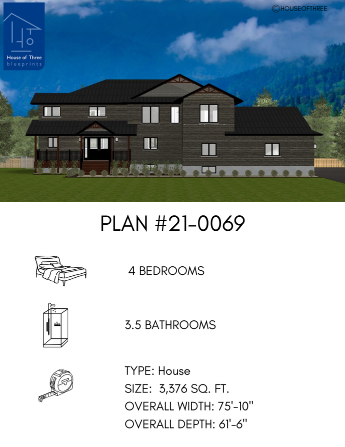 Plan #21-0069 | House, 4 bedroom, 3.5 bathroom, Family Home, Attached Garage, Workshop