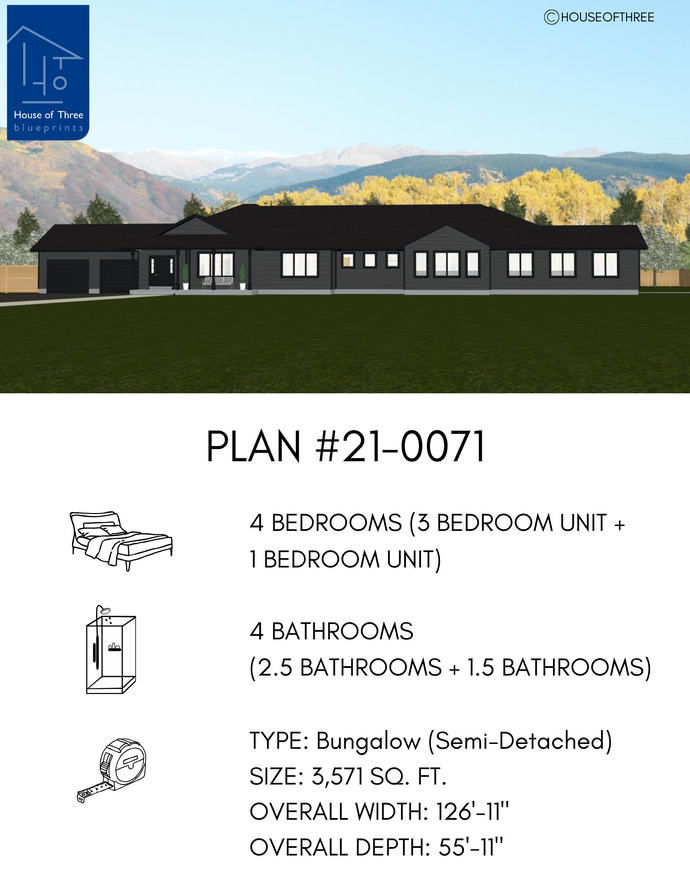 Plan #21-0071 | Bungalow, Semi-Detached, Attached Garage, 4 bedroom, 4 bathroom