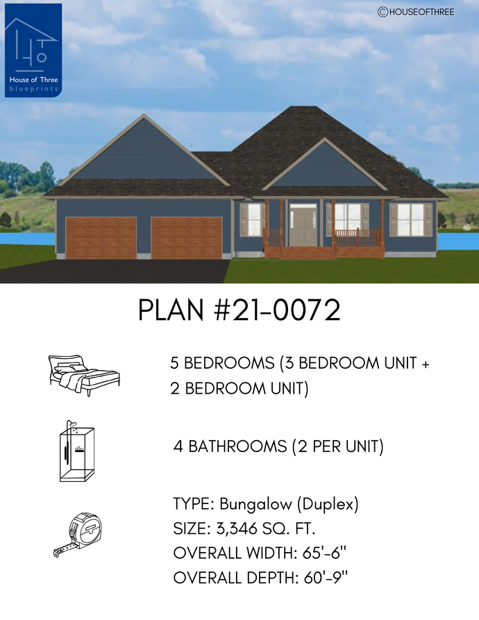 Plan #21-0072 | Bungalow, Duplex, Attached Garage, Covered Porch, 5 bedroom, 4 bathroom