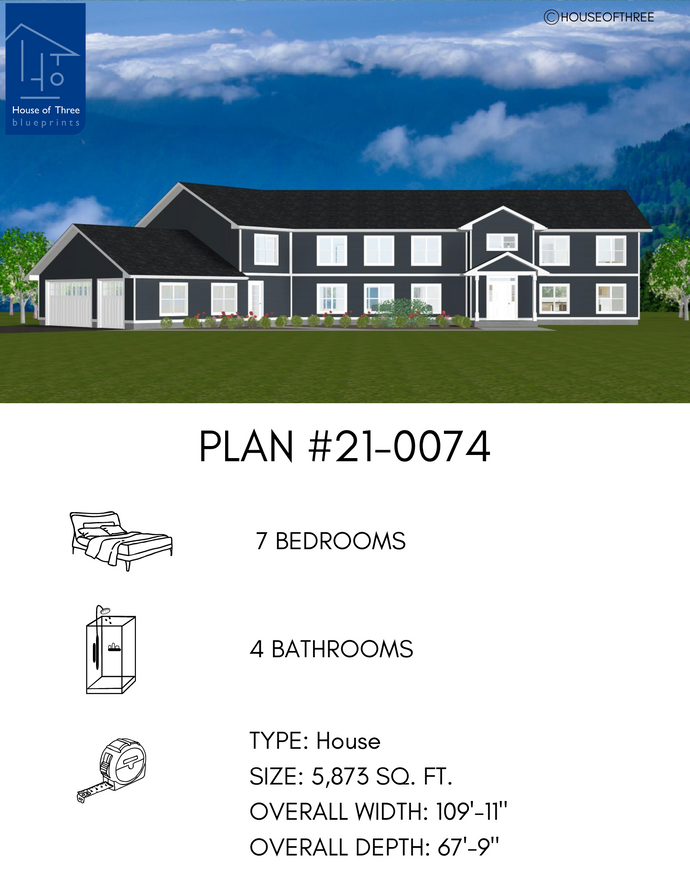 Plan #21-0074 | House, Slab on Grade, Family Home, 7 bedroom, 4 bathroom, Attached 3 Car Garage, Home theatre