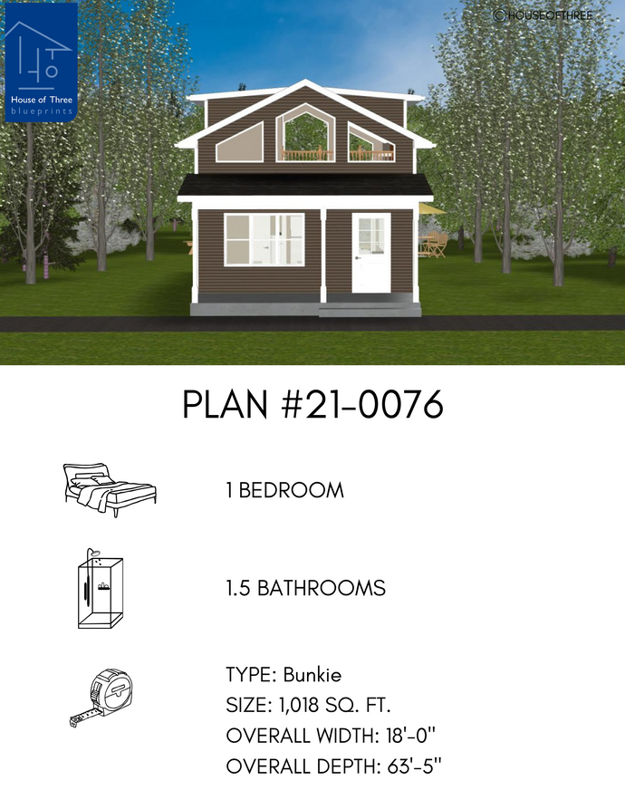 Plan #21-0076 | Bunkie, 1 Bedroom, 1.5 Bathroom, Slab on Grade