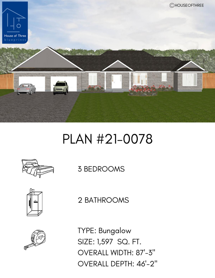 Plan #21-0078 | Bungalow, 3 bedroom, 2 bathroom, Attached Garage, Family Home