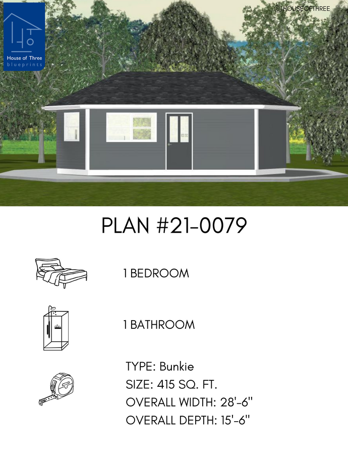 Plan #21-0079 | Bunkie, Slab on Grade, Vacation Home, 1 bedroom, 1 bathroom