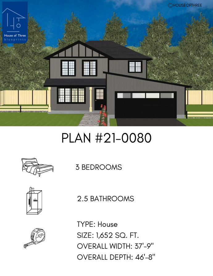 Plan #21-0080 | 2 Storey, Attached Garage, 3 bedroom, 2.5 bathroom