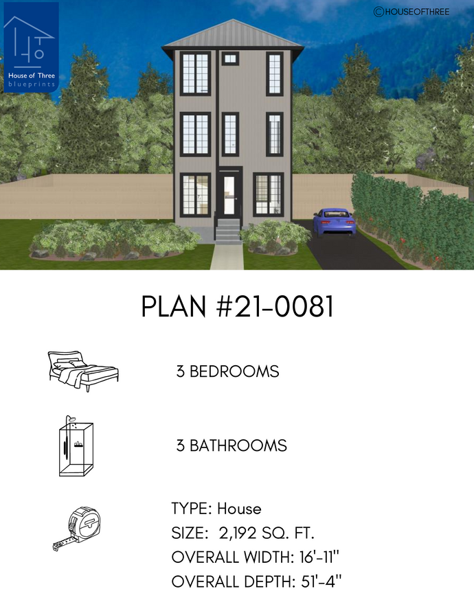 Plan #21-0081 | 3 Storey, Modern Design, 3 bedroom, 3 bathroom