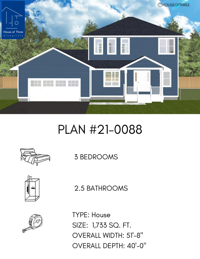 Plan #21-0088 | 2 Storey, Attached Garage, 3 bedroom, 2.5 bathroom