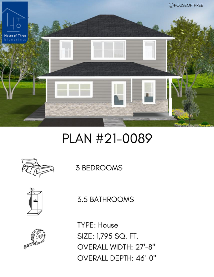 Plan #21-0089 | 2 Storey, Family Home, 3 bedroom, 3.5 bathroom