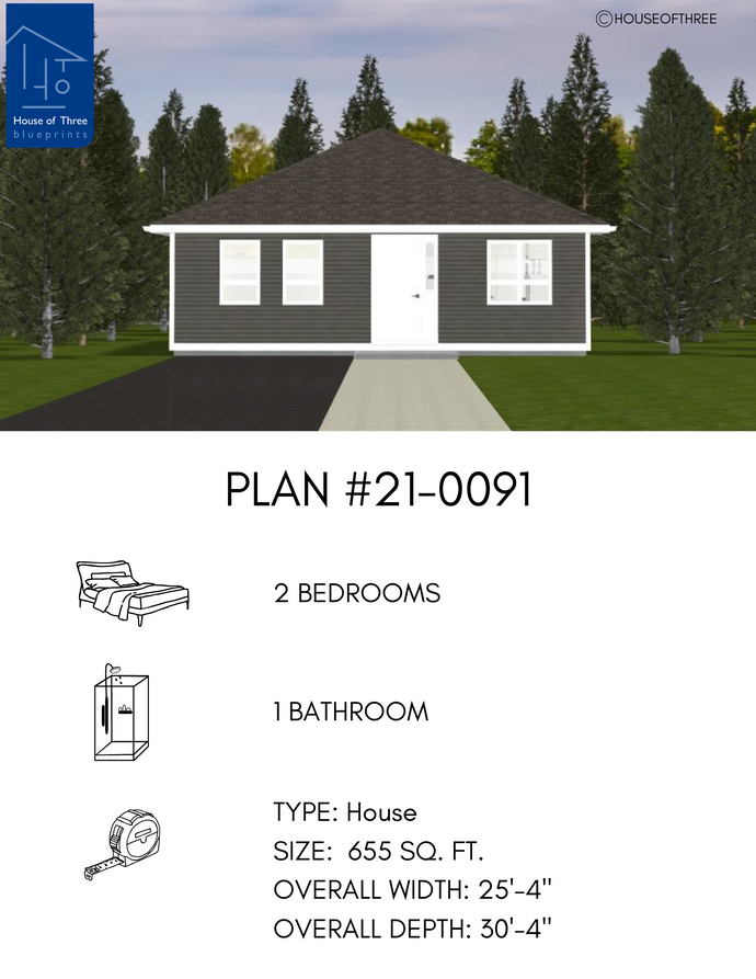 Plan #21-0091 | Bungalow, Slab on Grade, 2 bedroom, 1 bathroom