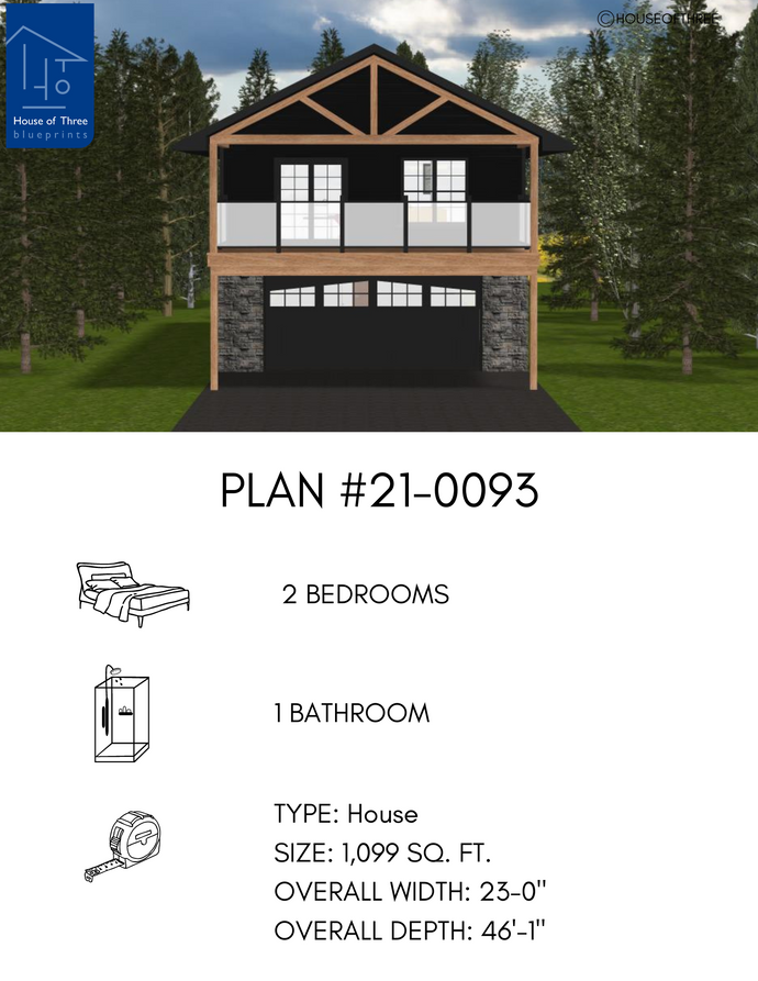 Plan #21-0093 | Garage with apartment above, 2 bedroom, 1 bathroom