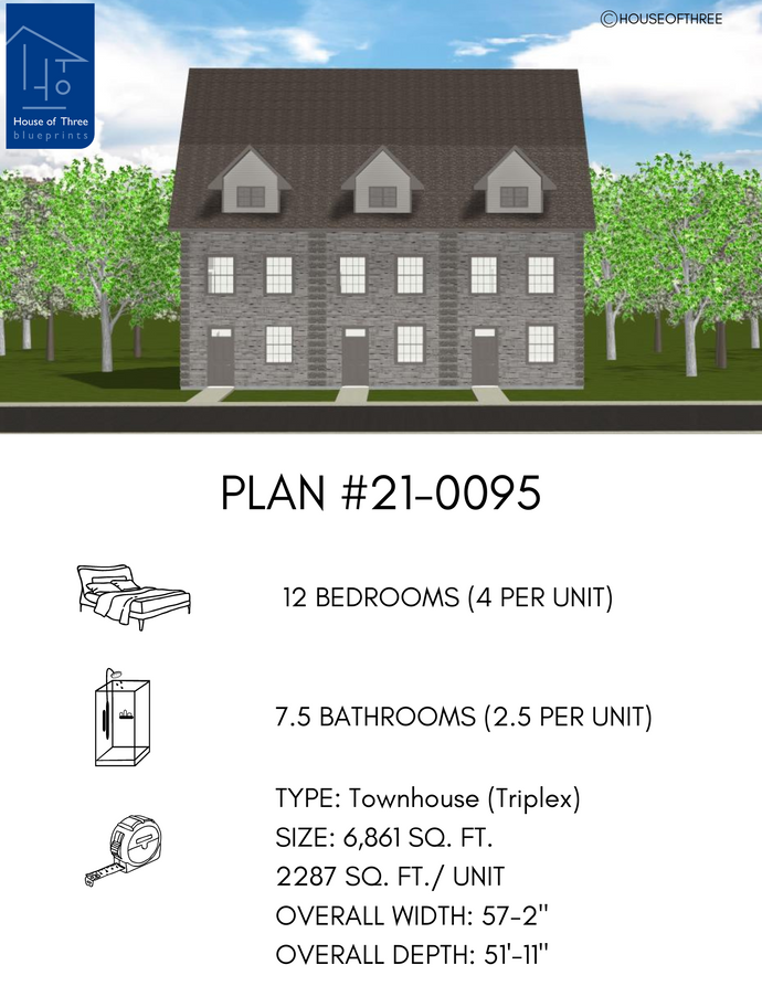 Plan #21-0095 | Townhouse, Triplex, 12 bedroom, 7.5 bathroom, Rental