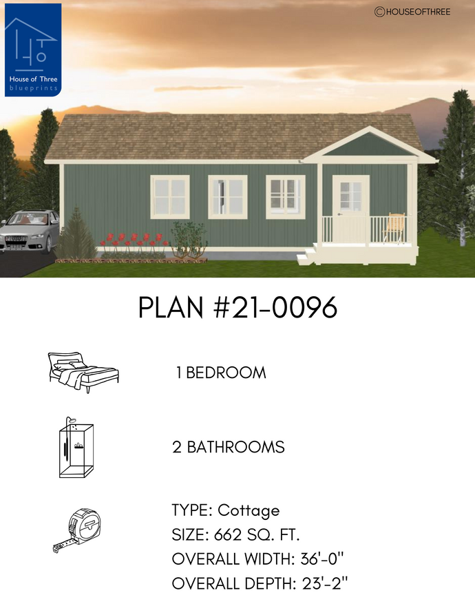 Plan #21-0096 | Bungalow, Cottage, 1 bedroom, 2 bathroom, Open-concept