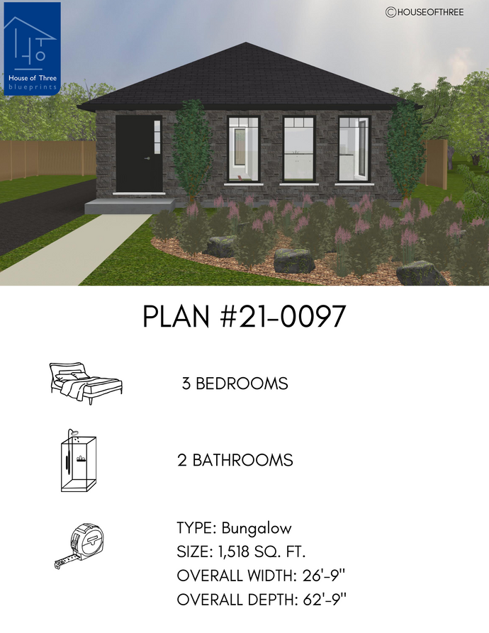 Plan #21-0097 | Bungalow, 3 bedroom, 2 bathroom, Open Concept