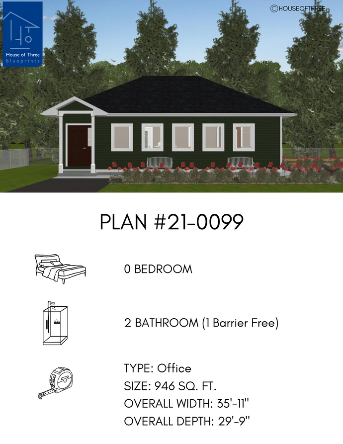 Plan #21-0099 | Office, Slab on Grade, 0 bedroom, 2 bathroom (1 barrier free), Commercial