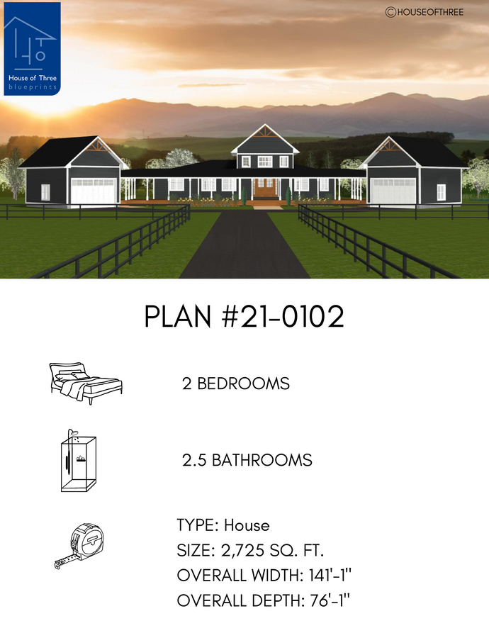 Plan #21-0102 | House, Detached Garage, Covered Porch, 2 bedrooms, 2.5 bathrooms