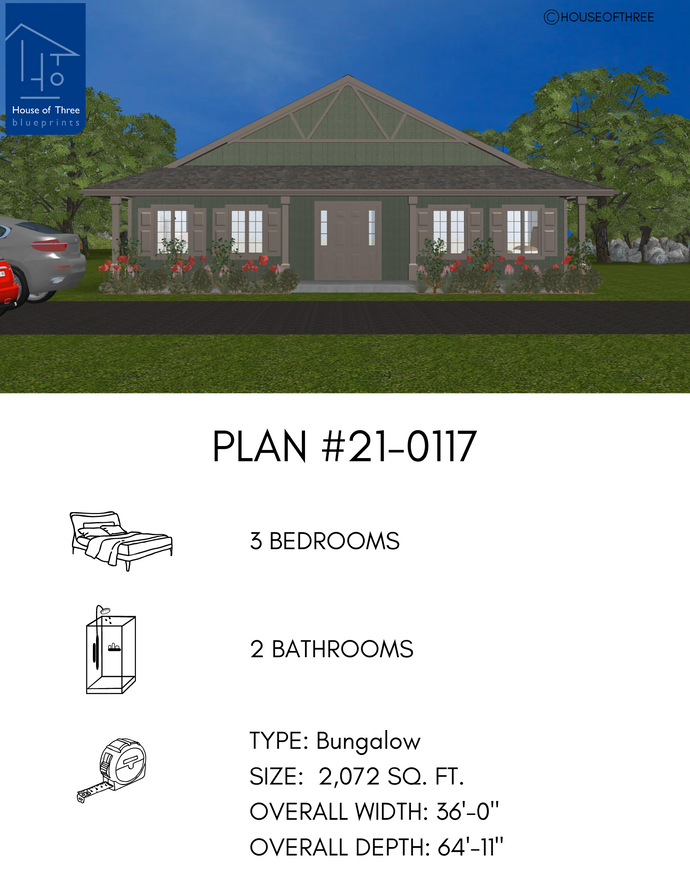 Plan #21-0117 | Bungalow, Slab on Grade, 3 bedroom, 2 bathroom, Family Home