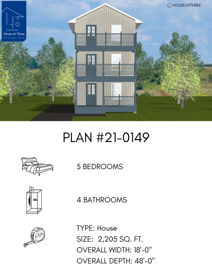Plan #21-0149 | Three-storey House, 5 Bedrooms, 4 Bathrooms,