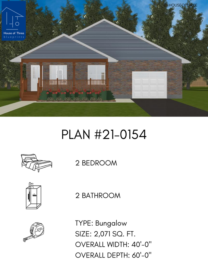 Plan #21-0154 | Bungalow, 2 bedroom, 2 bathroom, Attached Garage