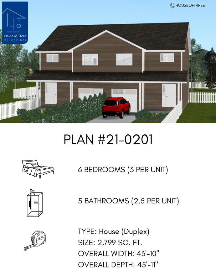 Plan #21-0201 | 2 Storey, Duplex, Attached Garage, 3 bedroom, 2.5 bathroom