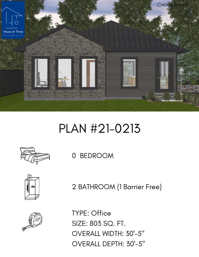 Plan #21-0213 | Office, Slab on Grade, 0 bedroom, 2 bathroom (1 barrier free), Commercial