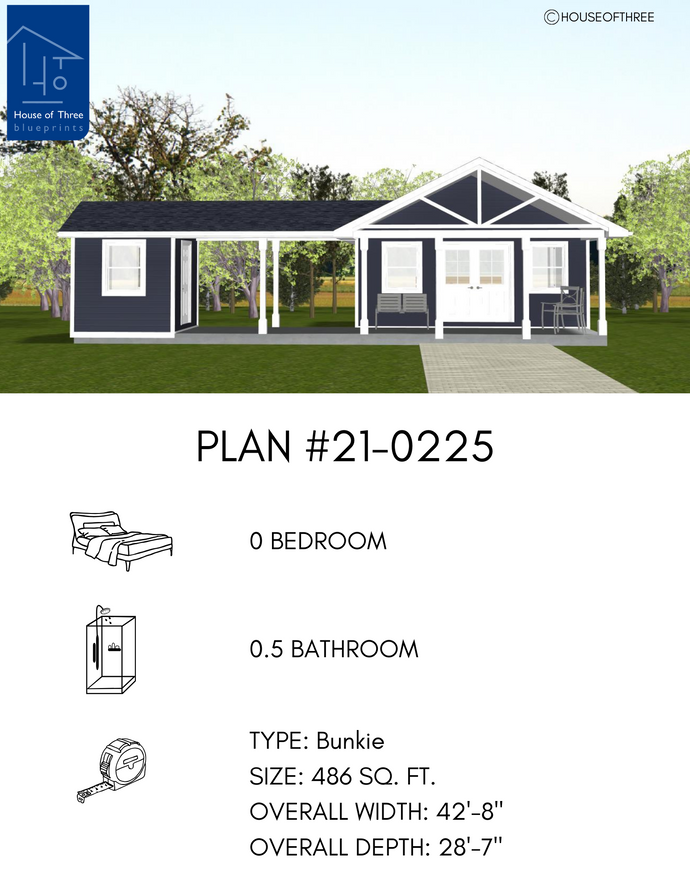 Plan #21-0225 | Bunkie, Covered Porch, 0.5 bathroom