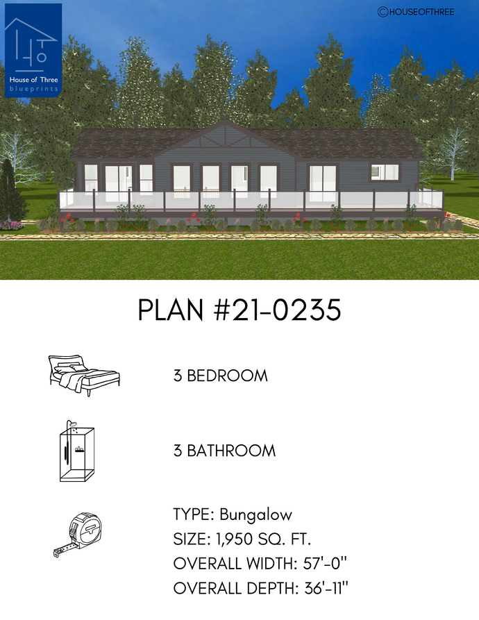 Plan #21-0235 | Bungalow, 3 bedroom, 3 bathroom, Family Home, Deck