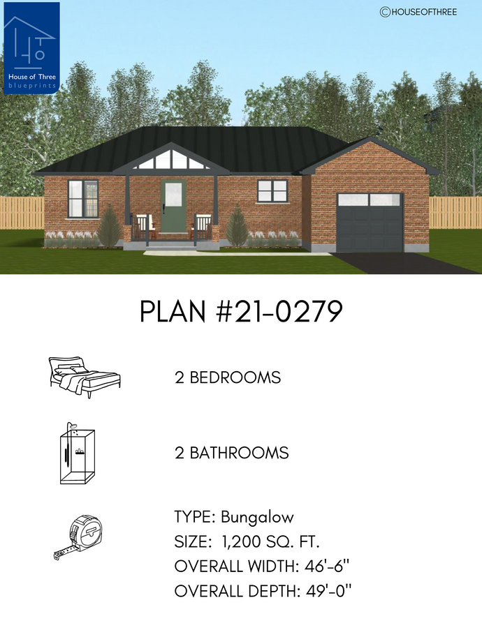 Plan #21-0279 | Stylish Modern Bungalow, Luxurious Master Suite, 2 Bedrooms, 2 Bathrooms
