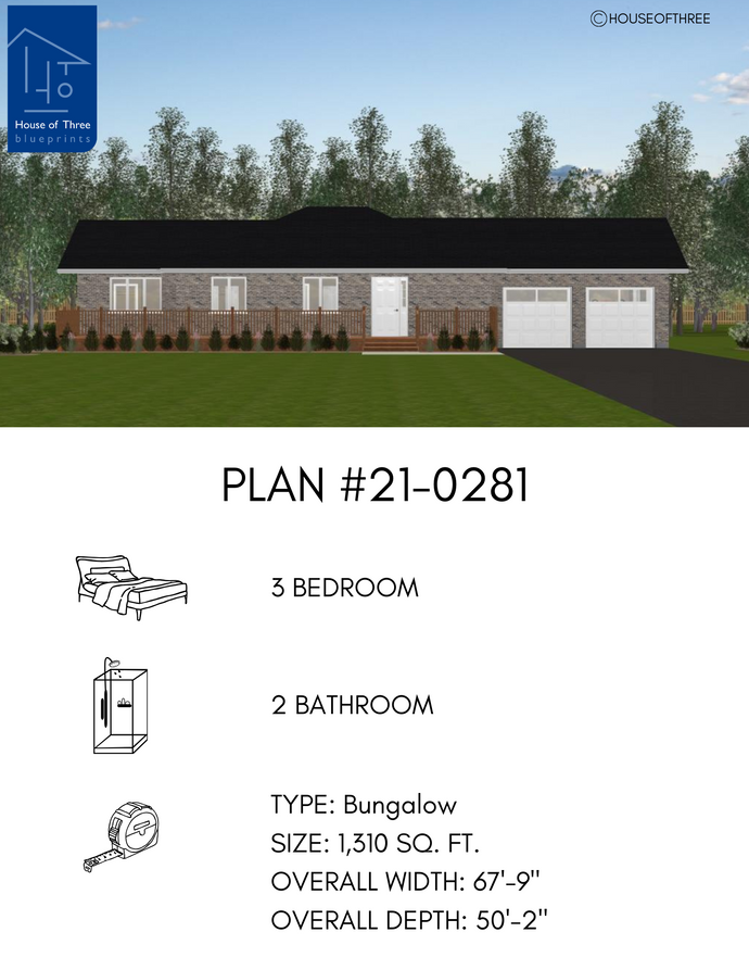 Plan #21-0281 | Bungalow, Slab on Grade, 3 bedroom, 2 bathroom, Attached Garage, Large Deck