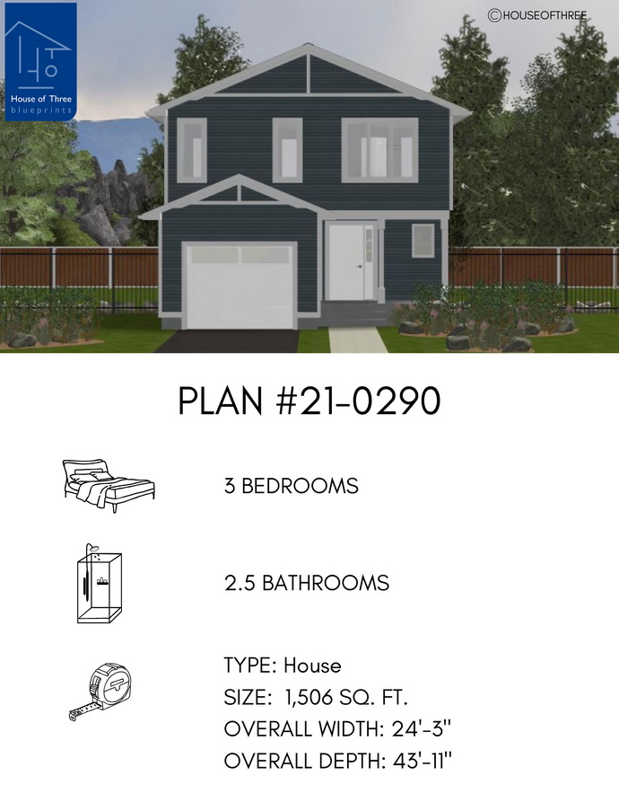 Plan #21-0290 | Two-storey Home, Luxurious Master Bedroom, 3 Bedroom, 2.5 Bathrooms