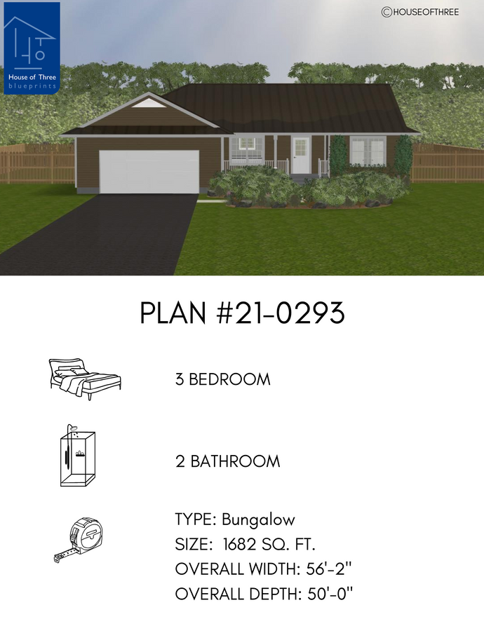 Plan #21-0293 | Bungalow, 3 Bedroom, 2 Car Garage, Covered Front Porch