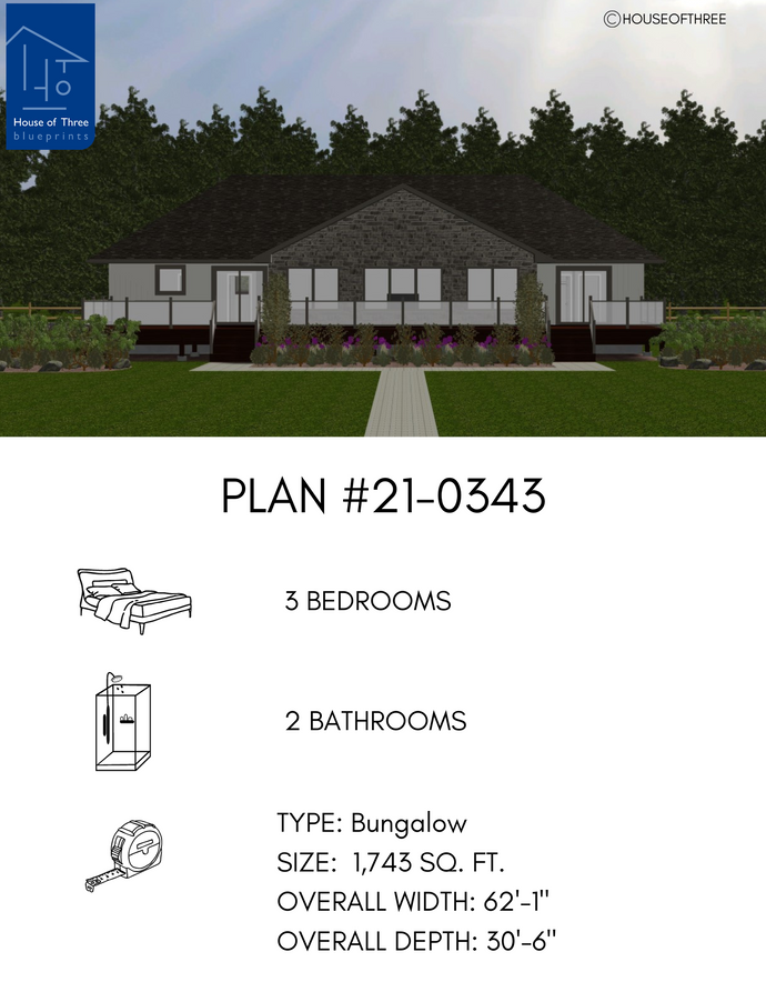 Plan #21-0343 | Bungalow, 3 bedroom, 2 bathroom, Large Deck, Vacation Home
