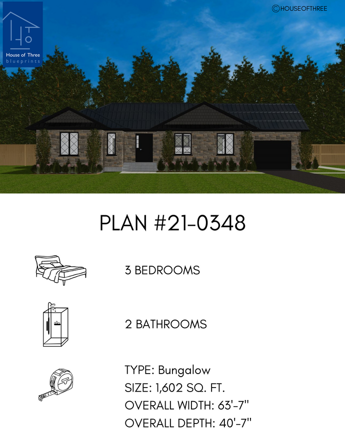 Plan #21-0348 | Bungalow, 3 bedroom, 2 bathroom, Attached Garage