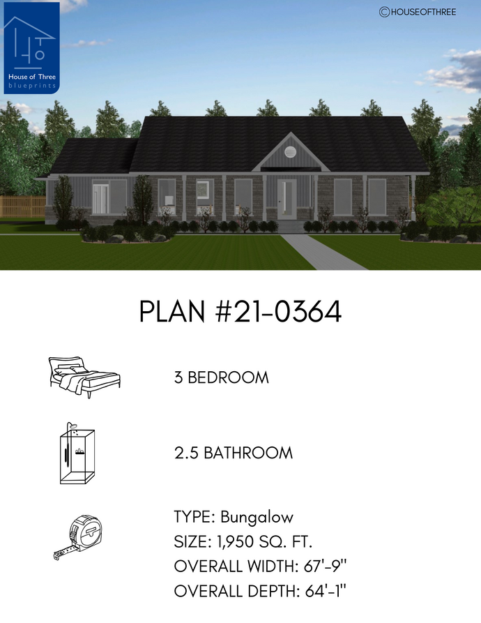 Plan #21-0364 | Bungalow,  Family Home, 3 bedroom, 2.5 bathroom, Attached Garage