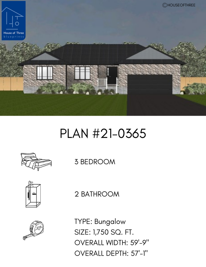 Plan #21-0365 | Bungalow, 3 bedroom, 2 bathroom, Attached Garage