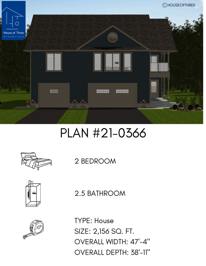 Plan #21-0366 | House, 2 bedroom, 2.5 bathroom, Attached Garage, Workshop