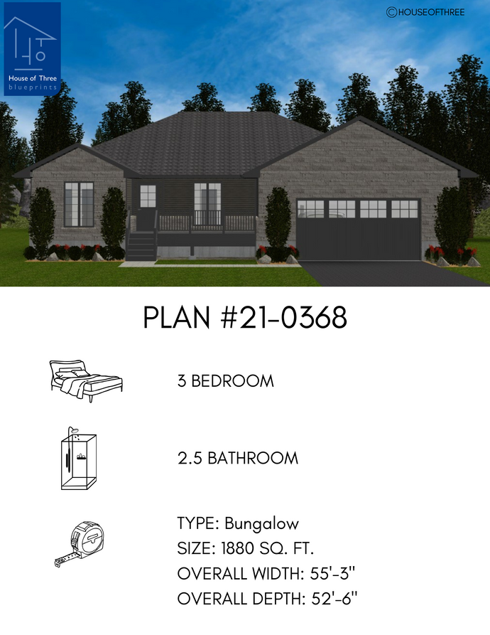 Plan #21-0368 | Bungalow, 3 bedroom, 2.5 bathroom, Flex Space, Attache ...