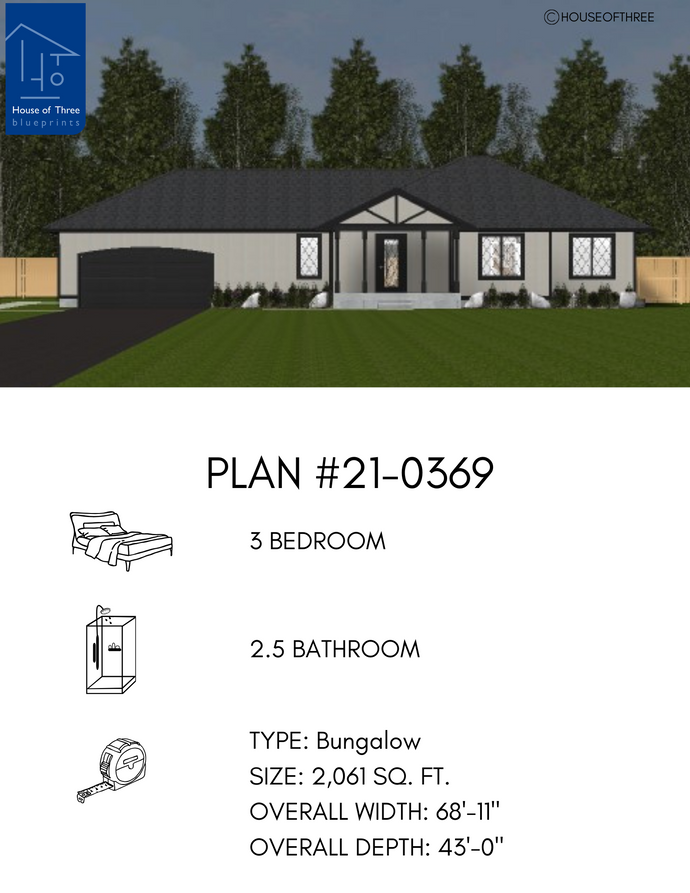 Plan #21-0369 | Bungalow, 3 bedroom, 2.5 bathroom, Attached Garage