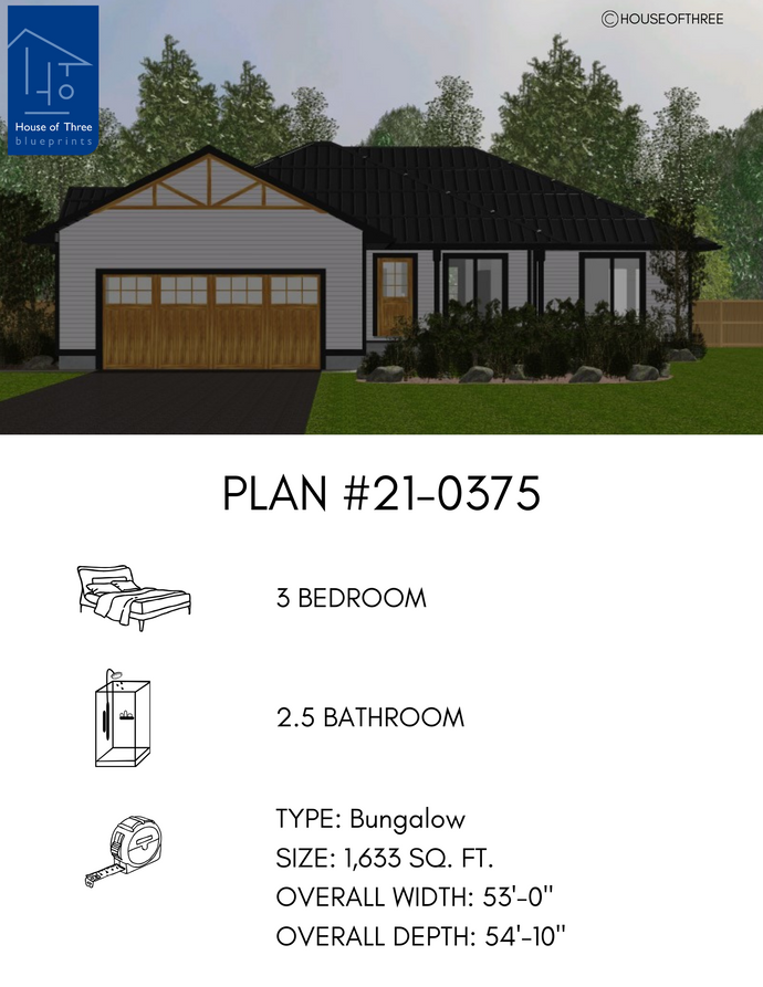 Plan #21-0375 | Bungalow, 3 bedroom, 2.5 bathroom, Family Home, Attached Garage, Deck