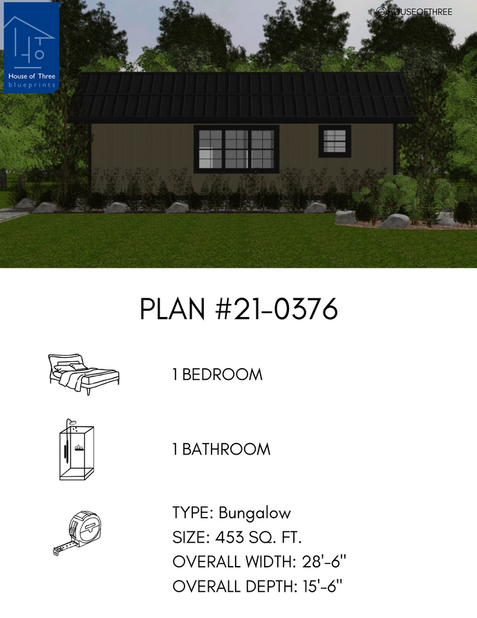 Plan #21-0376 | Bungalow, Slab on Grade, 1 bedroom, 1 bathroom, Cottage