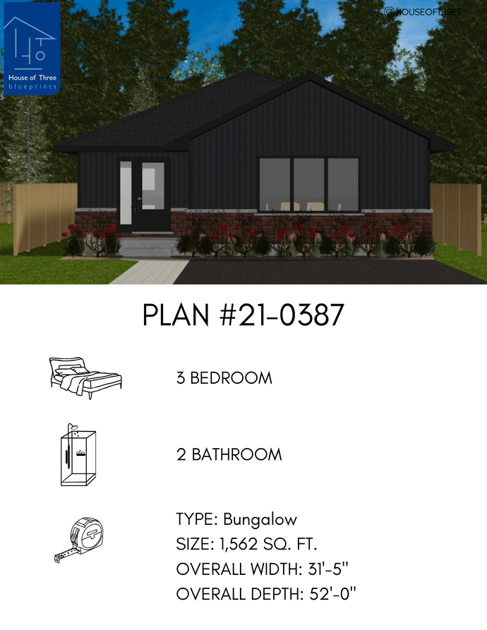Plan #21-0387 | Bungalow, 3 bedroom, 2 bathroom