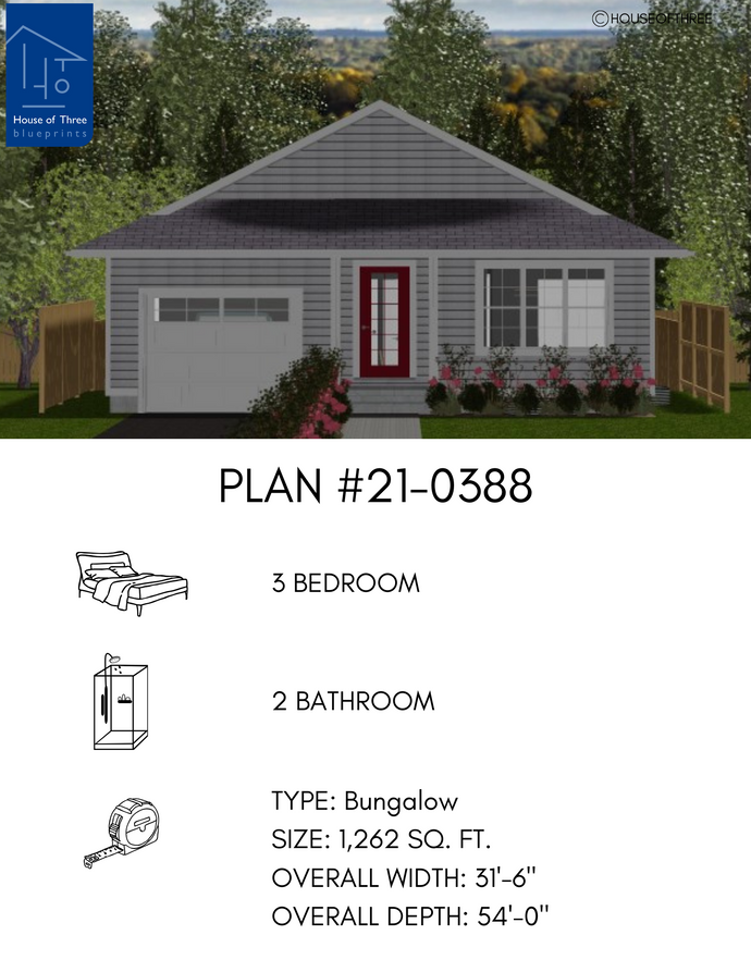 Plan #21-0388 | Bungalow, Attached Garage, 3 bedroom, 2 bathroom