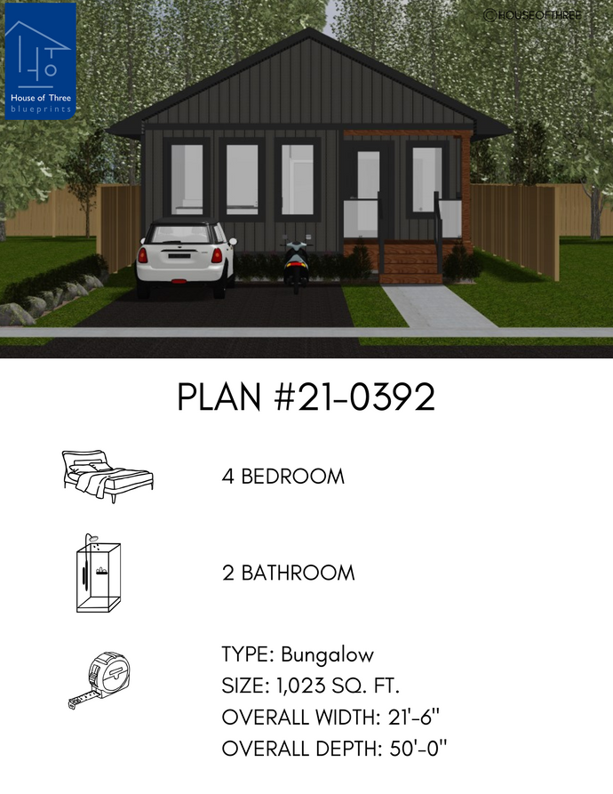 Plan #21-0392 | Bungalow, 3 bedroom, 2 bathroom, Office/Nursery