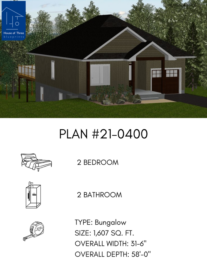 Plan #21-0400 | Bungalow, 2 bedroom, 2 bathroom, Attached Garage, Basement Walk-out