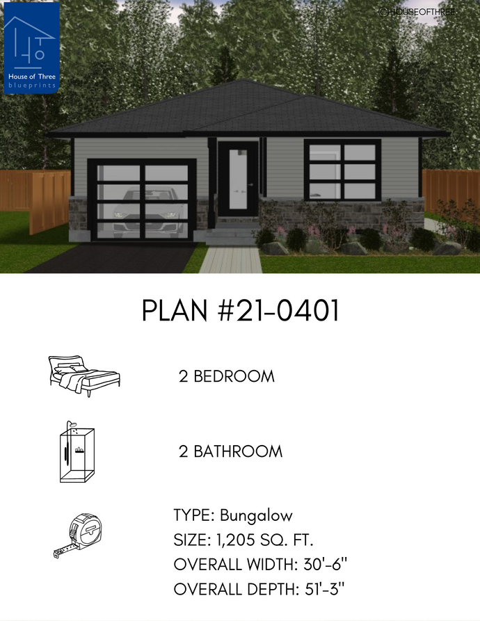 Plan #21-0401 | Bungalow, Retirement Home, Vacation Home, 2 bedroom, 2 bathroom