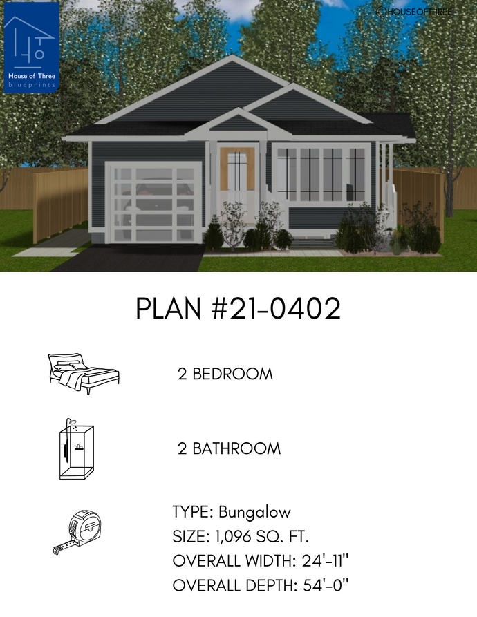 Plan #21-0402 | Bungalow, 2 bedroom, 1 bathroom, Attached Garage
