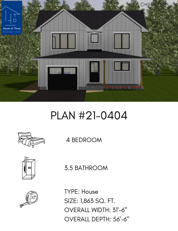 Plan #21-0404 | 2 Storey, Family Home, 4 bedroom, 3.5 bathroom, Attached Garage