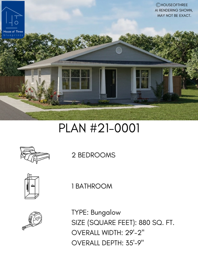 Plan #21-0001 | Bungalow, Slab on Grade, 2 bedroom, 1 bathroom, Cottage